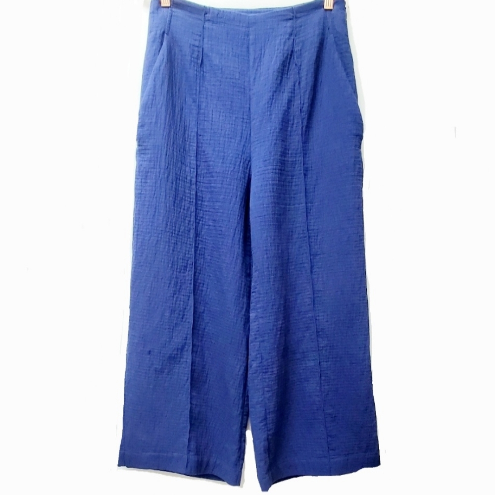 Anthropologie Maeve Preppy Blue Cotton Blend Wide Leg Ankle Pants Size 6 - Picture 2 of 11